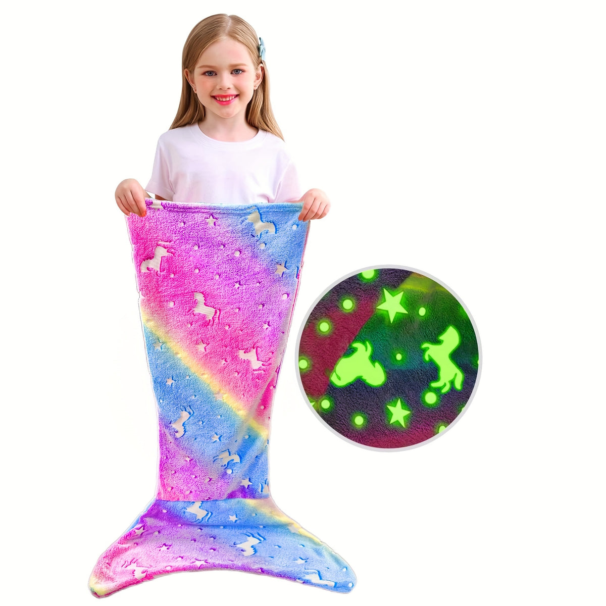 Mermaid Tail Blanket for Girls, Soft Polyester Knit Fish Tail Throw with Colorful Tie-Dye Unicorn-Inspired Design for Cozy Reading and Gift Giving