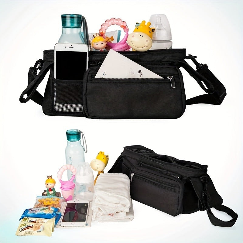 Stroller Console Bag with Dual Cup Holders, Black Hanging Organizer with Detachable Wristlet Phone Pouch and Adjustable Shoulder Strap
