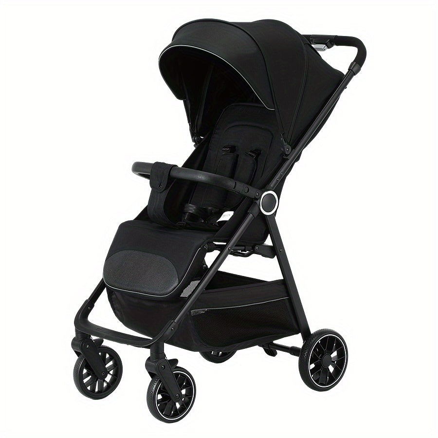 Compact Folding Baby Stroller with Reclining Seat, Canopy and Under-Seat Storage Basket, Black or Khaki Travel Pushchair for Family Outings