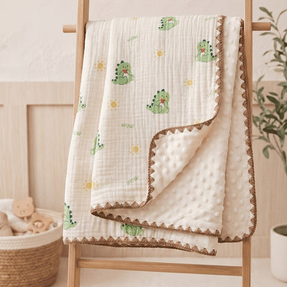 Double-Layer Baby Blanket with Cotton Gauze and Minky Dot Backing, 39.37 x 39.37 Inch Newborn Wrap in Bear, Rabbit and Dinosaur Prints