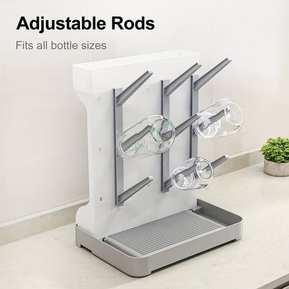 Space-Saving Bottle Drying Rack with Vertical Bottle Holders and Drip-Through Top Accessory Tray, Countertop Organizer for Baby Feeding Supplies
