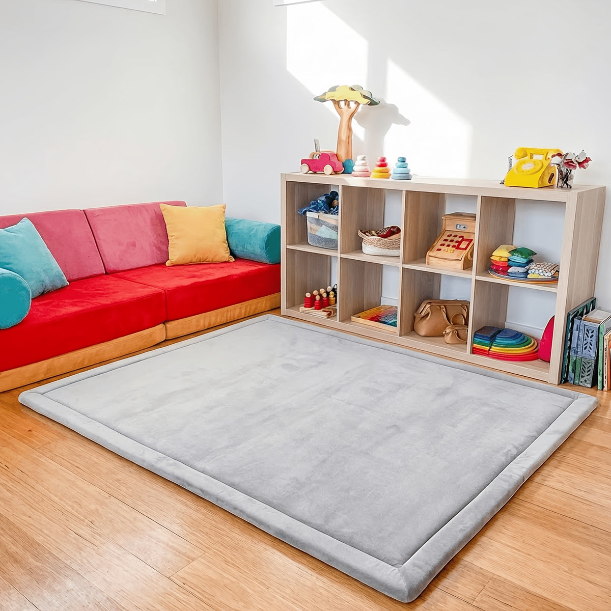 Cushioned Velvet Tummy-Time Play Mat, 1.3-Inch Non-Slip Waterproof Crawling Pad for Infants and Toddlers, Four Playpen Size Options
