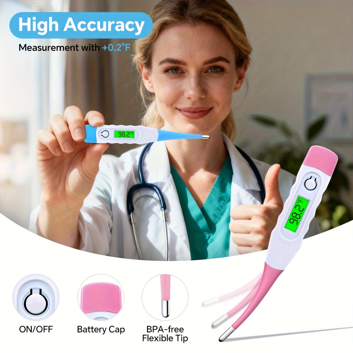 Digital Infant Thermometer 2-Pack with Fever Alert, Curved Probe and LED Display, Oral & Rectal Baby Thermometers in Blue and Pink, Celsius/Fahrenheit Switchable