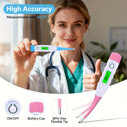 Digital Infant Thermometer 2-Pack with Fever Alert, Curved Probe and LED Display, Oral & Rectal Baby Thermometers in Blue and Pink, Celsius/Fahrenheit Switchable