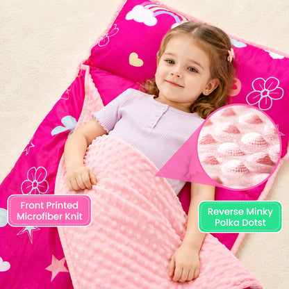 Portable Nap Mat for Preschool and Daycare by Primlect, Foldable Minky Dot Rest Mat with Built-In Pillow and Machine-Washable Design for Kids
