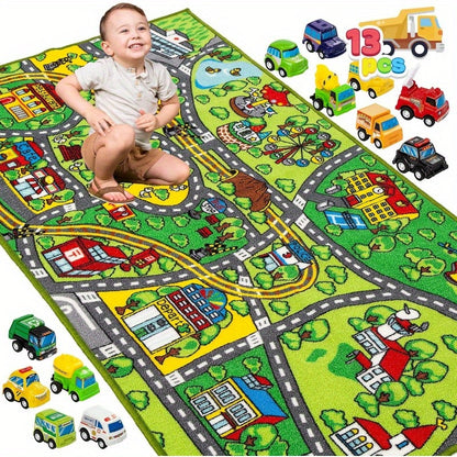 Pull-Back Car City Play Rug Set, 12 Friction-Powered Vehicles with a 58.5 × 31.5-Inch Road Map Carpet for Pretend Play, Ages 3+