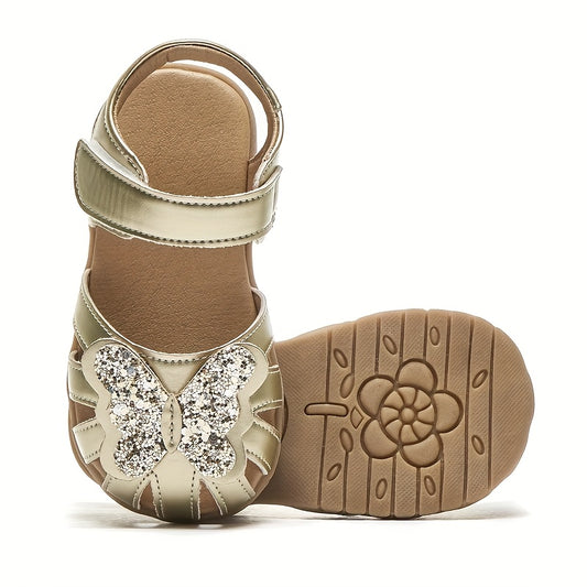 Girls Butterfly Bow Sandals in Champagne for Toddlers and Little Kids | Dressy Summer Shoes for Parties, Outings and Everyday Looks
