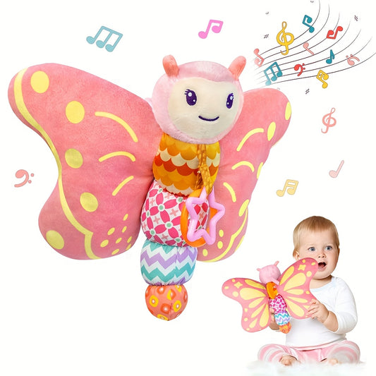 Butterfly Sensory Toy for Baby, Pink Musical Plush Animal with Hanging Ring, Squeaker, Rattle and Textured Wings for Supervised Tummy Time