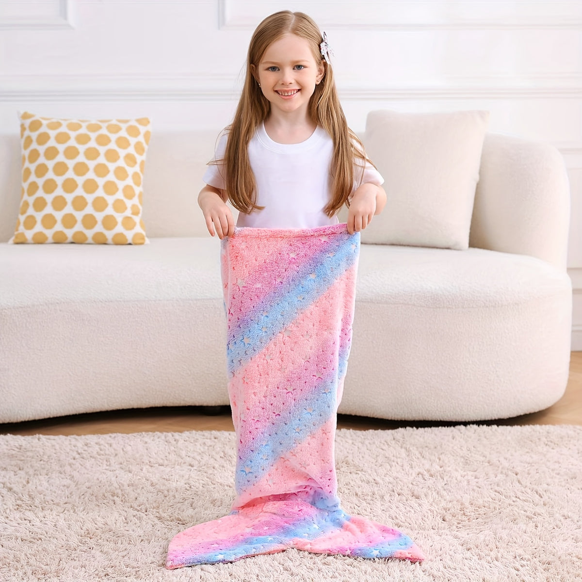 Mermaid Tail Blanket for Girls, Soft Polyester Knit Fish Tail Throw with Colorful Tie-Dye Unicorn-Inspired Design for Cozy Reading and Gift Giving