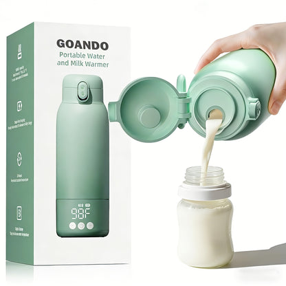 Rechargeable Travel Milk Warmer by GOANDO, 12 oz Cordless 80W Flask with 316 Stainless Steel Interior, Temperature Control, LED Display and Safety Lock