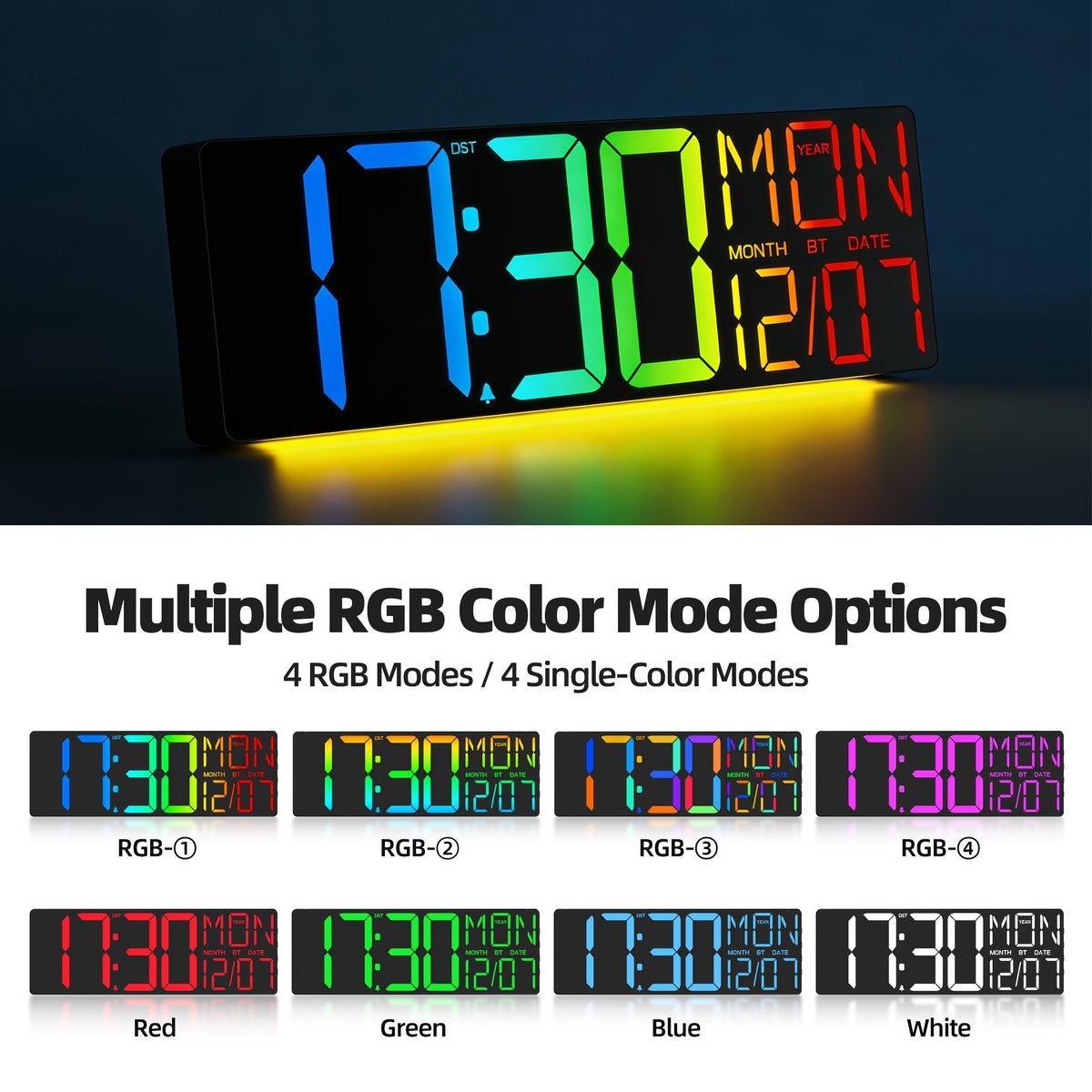 LED Digital Wall Clock 18 Inch with 8 RGB Display Colors, Remote Control and 10-Level Dimming, Timer, Temperature and Alarm for Home Rooms