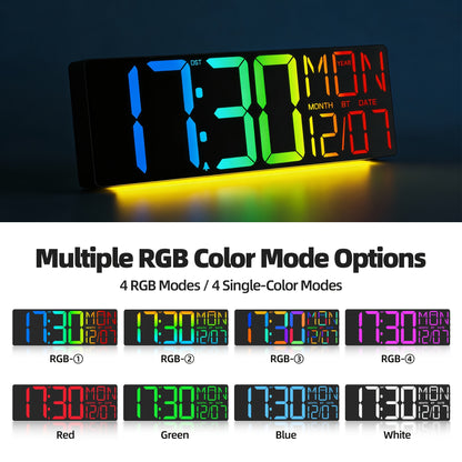 LED Digital Wall Clock 18 Inch with 8 RGB Display Colors, Remote Control and 10-Level Dimming, Timer, Temperature and Alarm for Home Rooms
