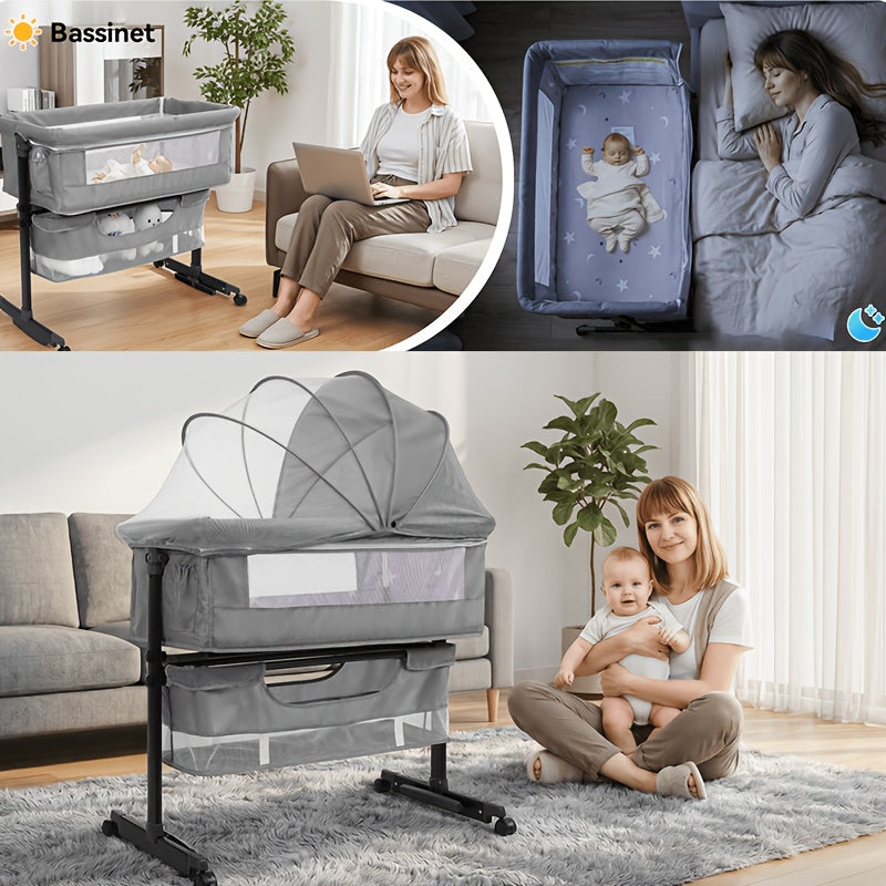 3-in-1 Mesh Bedside Sleeper Bassinet for Baby, Adjustable Infant Crib with Wheels and Storage Basket, 16 lb Frame and 33 lb Listed Infant Weight Limit