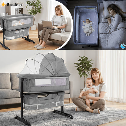 3-in-1 Mesh Bedside Sleeper Bassinet for Baby, Adjustable Infant Crib with Wheels and Storage Basket, 16 lb Frame and 33 lb Listed Infant Weight Limit