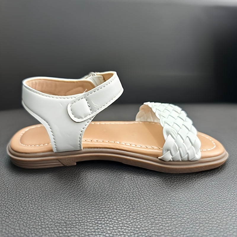 Kids White Woven Sandals with Striped Upper and Hook-and-Loop Closure, Flat TPR Sole and Lace-Up Detail for Spring and Summer Outings