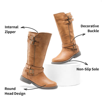 Girls' Buckle Knee-High Winter Boots with Classic Riding Style, Fabric Lining and PU Insole for Toddler, Little Kid & Big Kid, Black, Dark Brown or Sepia