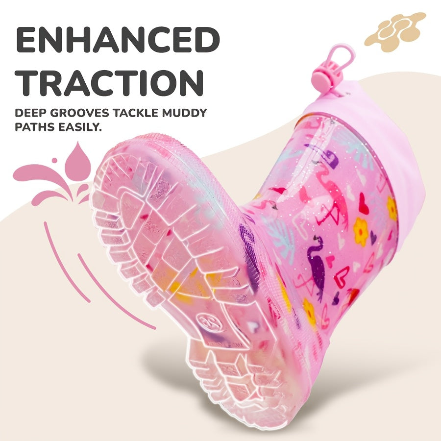 Pink Flamingo Rain Boots for Kids with Drawstring Cuffs, Soft Easy-Clean Design for Rainy-Day Outings, Toddler, Little Kid & Big Kid Sizes