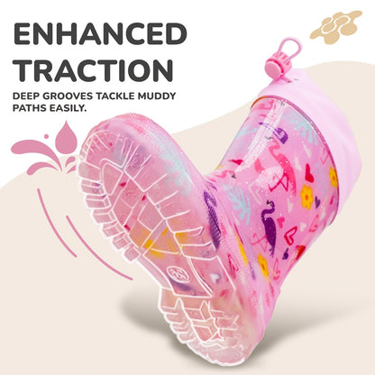 Pink Flamingo Rain Boots for Kids with Drawstring Cuffs, Soft Easy-Clean Design for Rainy-Day Outings, Toddler, Little Kid & Big Kid Sizes