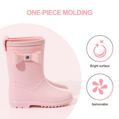 Girls Bow Rain Boots with Pull Tabs, Lightweight One-Piece Molded Toddler and Little Kid Boots in Pink, Burgundy, Dark Violet or Black for Rainy-Day Outings