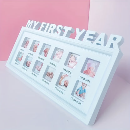 12-Month Baby Milestone Photo Frame in White, Neutral First-Year Picture Display and Keepsake Sign for First Birthday or Baby Shower Gifts