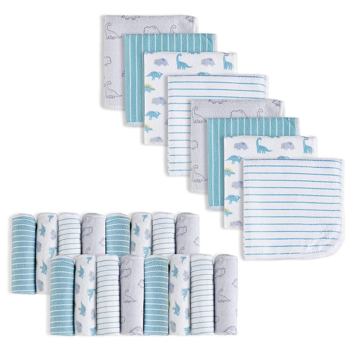 Soft Baby Washcloths 24-Pack, 9 x 9 Inch Absorbent Face and Body Bath Cloths with Whale, Elephant and Dinosaur Style Options for Everyday Care