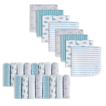 Soft Baby Washcloths 24-Pack, 9 x 9 Inch Absorbent Face and Body Bath Cloths with Whale, Elephant and Dinosaur Style Options for Everyday Care
