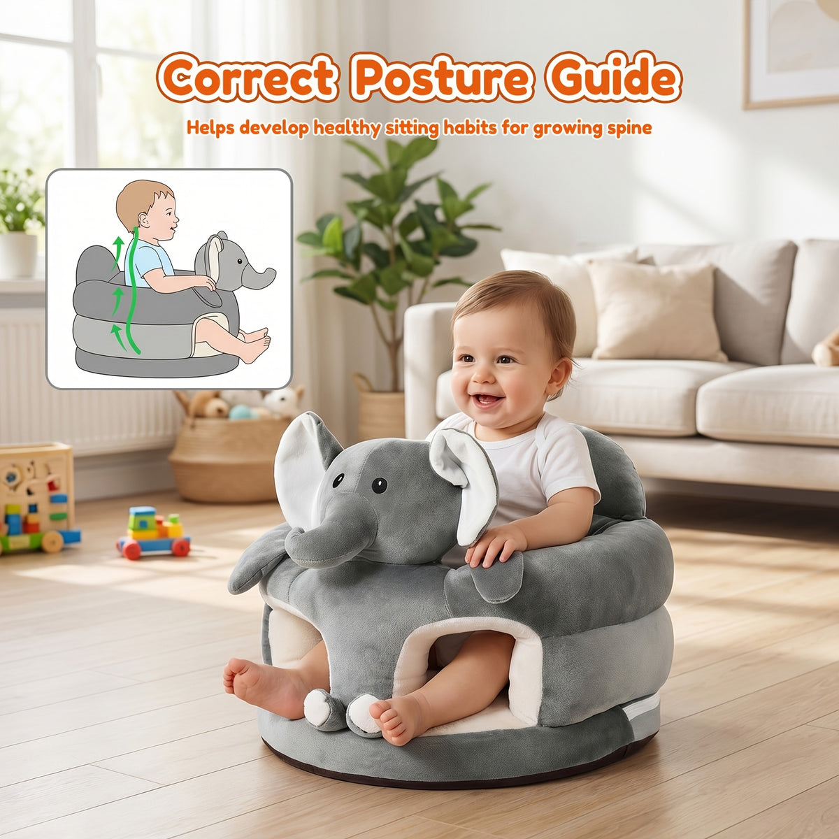 Plush Toddler Floor Seat with Back Support, Cartoon Elephant or Bear Baby Sofa Chair for Supervised Sitting and Play in Nursery or Living Room