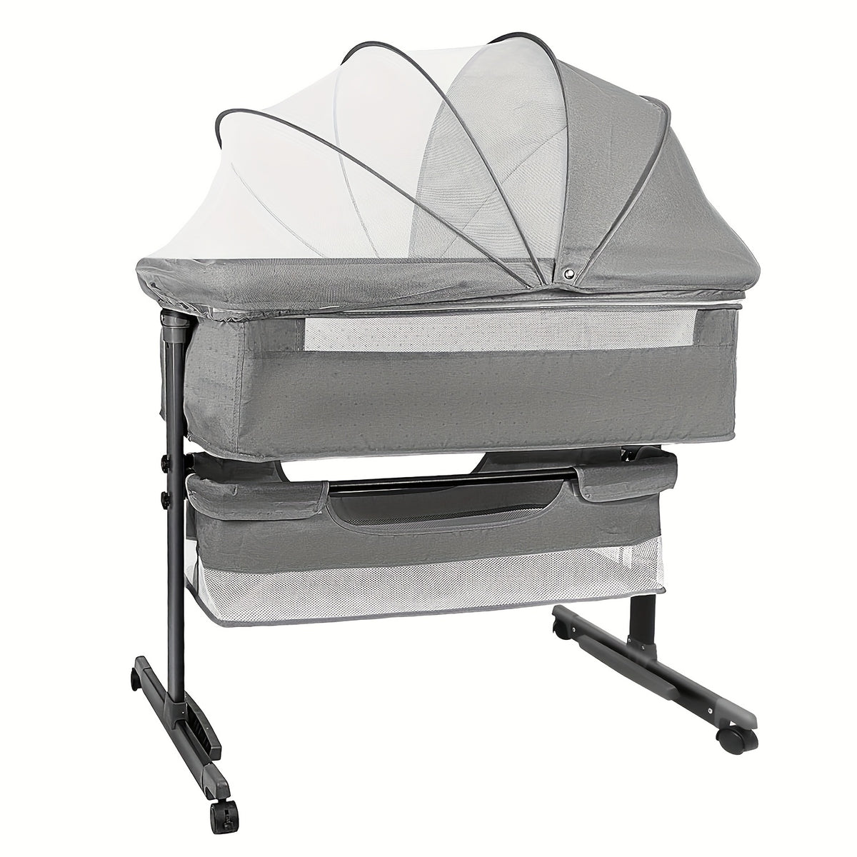 Adjustable Bedside Baby Bassinet with Lockable Wheels, Mosquito Net, Storage Bag and Mattress, Pink or Dark Gray Infant Sleeper