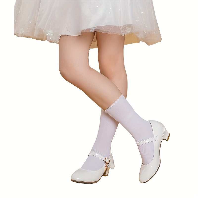 Girls Glossy Mary Jane Dress Shoes with Round Toe and Low Heel, Soft PU Party Shoes with Easy Strap Fastening in Black or White for Weddings and Celebrations
