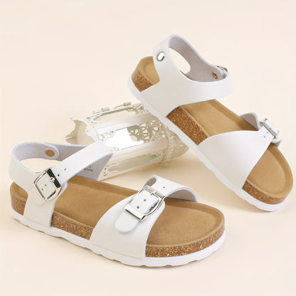 Kids Cork-Style Beach Sandals with Buckle, Lightweight Slip-On Summer Shoes in White, Black or Silvery Grey for Little Kids and Big Kids