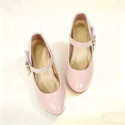 Girls Glossy Mary Jane Dress Shoes with Round Toe and Low Heel, Soft PU Party Shoes with Easy Strap Fastening in Black or White for Weddings and Celebrations