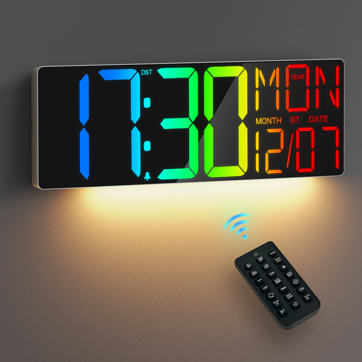 LED Digital Wall Clock 18 Inch with 8 RGB Display Colors, Remote Control and 10-Level Dimming, Timer, Temperature and Alarm for Home Rooms