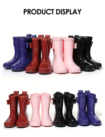 Girls Bow Rain Boots with Pull Tabs, Lightweight One-Piece Molded Toddler and Little Kid Boots in Pink, Burgundy, Dark Violet or Black for Rainy-Day Outings