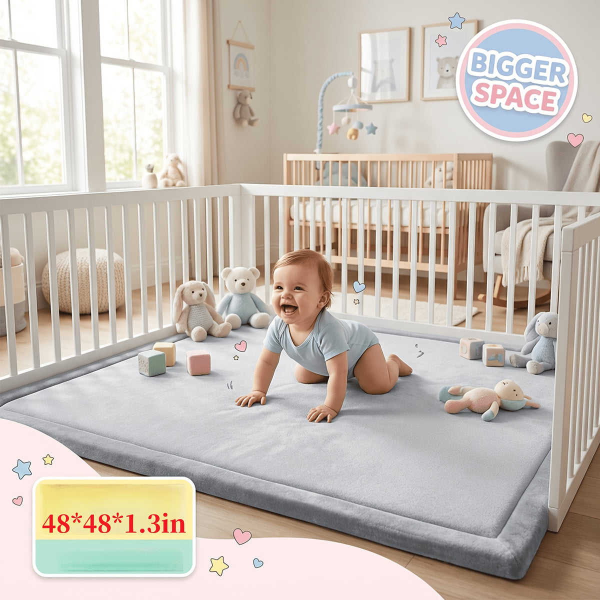 Cushioned Velvet Tummy-Time Play Mat, 1.3-Inch Non-Slip Waterproof Crawling Pad for Infants and Toddlers, Four Playpen Size Options
