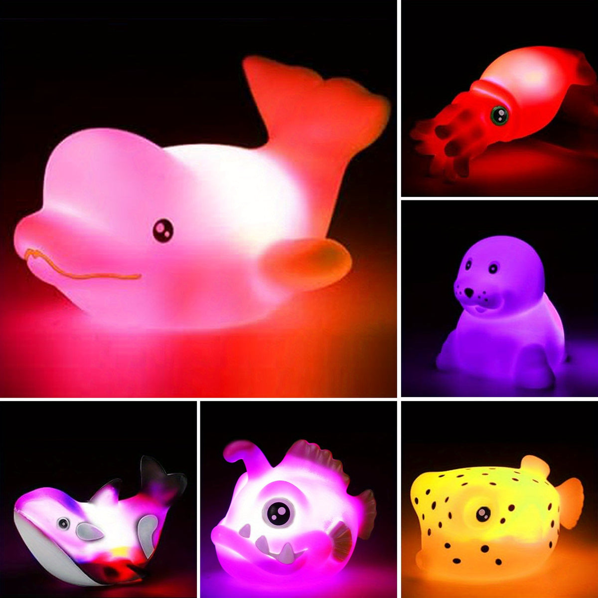 Light-Up Bath Toys 6-Pack with Sea Animal Shapes, Colorful Bathtub Water Play Set in Random Colors for Supervised Kids Bath-Time Activities