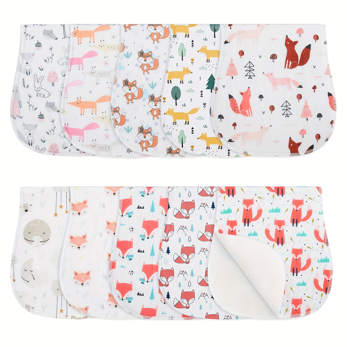 Printed Newborn Burp Cloths, 10-Piece Machine Washable Baby Washcloth and Burp Rag Set with Floral, Butterfly and Fox Style Options for Feeding