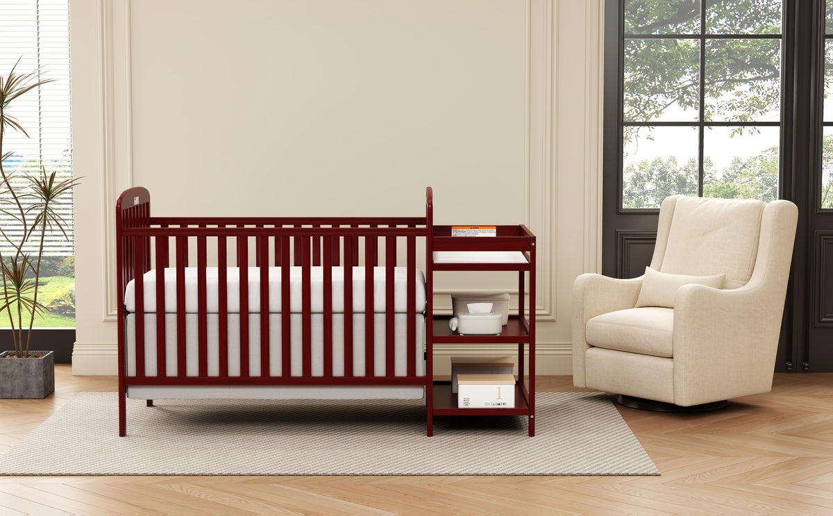 Baby Crib with Changing Table, Goldzone 4-in-1 Convertible Wooden Nursery Crib with Four Mattress Heights, Two Storage Shelves and Toddler Bed Conversion, White