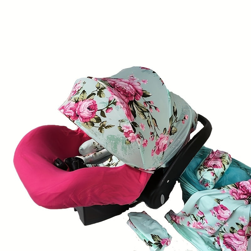 Infant Car Seat Cover Set with Canopy and Nursing Cover, Floral Baby Carrier Accessories with Blanket, Hat and Belt Covers for Travel and Gifting