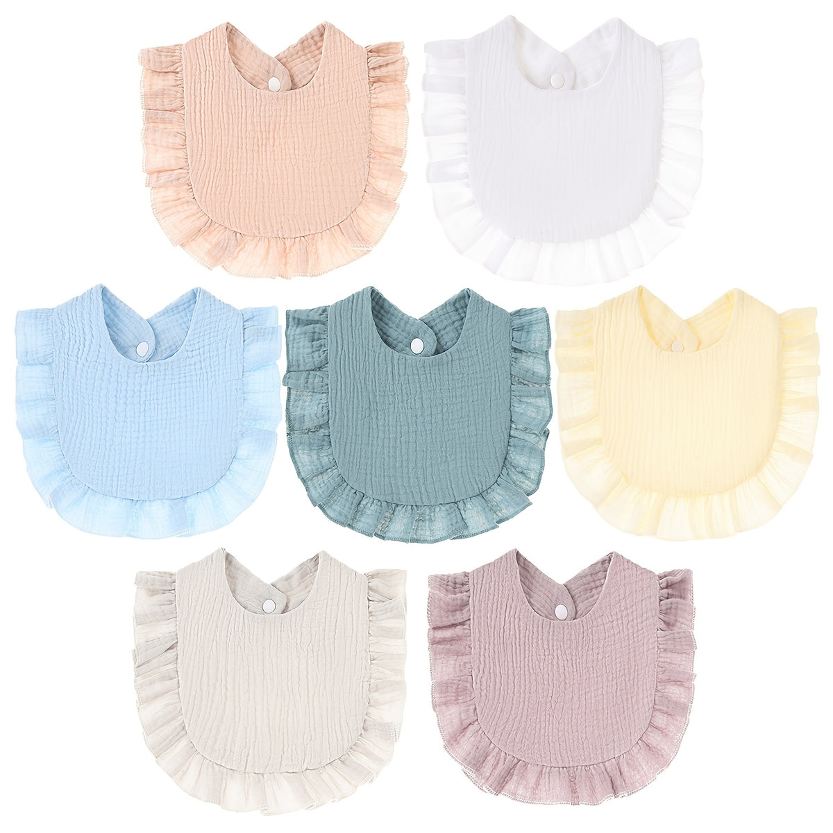 Muslin Baby Drool Bibs 7-Pack with Adjustable Snap Closure and Ruffle Trim, Soft Absorbent Feeding Bib Set in Cartoon or Mixed Pink Options