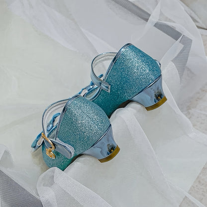 Girls Low Heel Mary Jane Shoes with Bow and Flower Details, Round-Toe Cushioned Dress Shoes in Blue or Purple for Toddler to Big Kid Parties and Weddings