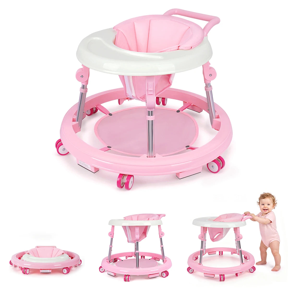 Kmaier Seated Baby Walker with Rear Push Handle, Foldable Frame, Adjustable Metal Supports and Removable Washable Seat in Four Color Options