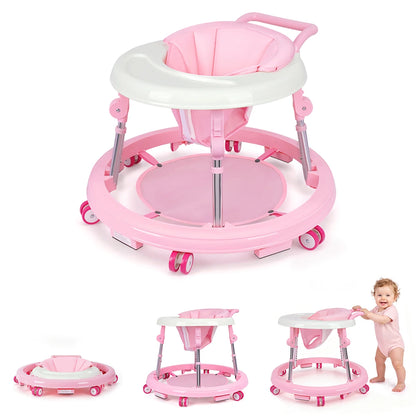 Kmaier Seated Baby Walker with Rear Push Handle, Foldable Frame, Adjustable Metal Supports and Removable Washable Seat in Four Color Options