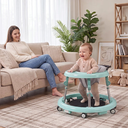 Kmaier Seated Baby Walker with Rear Push Handle, Foldable Frame, Adjustable Metal Supports and Removable Washable Seat in Four Color Options