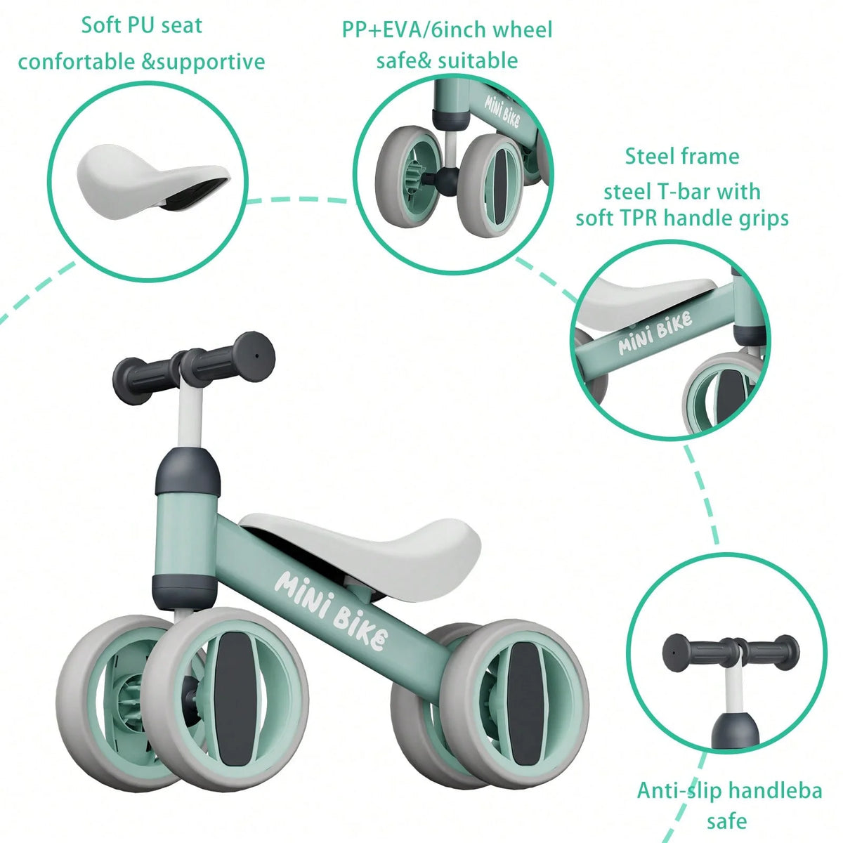 Pedal-Free Baby Balance Bike with Four Wheels, Metal Toddler Ride-On in Black, Pink, Blue or Green for Ages 1+ and First Birthday Gifts