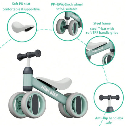 Pedal-Free Baby Balance Bike with Four Wheels, Metal Toddler Ride-On in Black, Pink, Blue or Green for Ages 1+ and First Birthday Gifts
