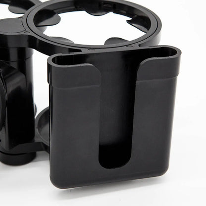 Convertible Double Stroller Cup Holder with Independent Phone Slot, Black Baby Bottle and Drink Organizer for Compatible Handles and Family Outings