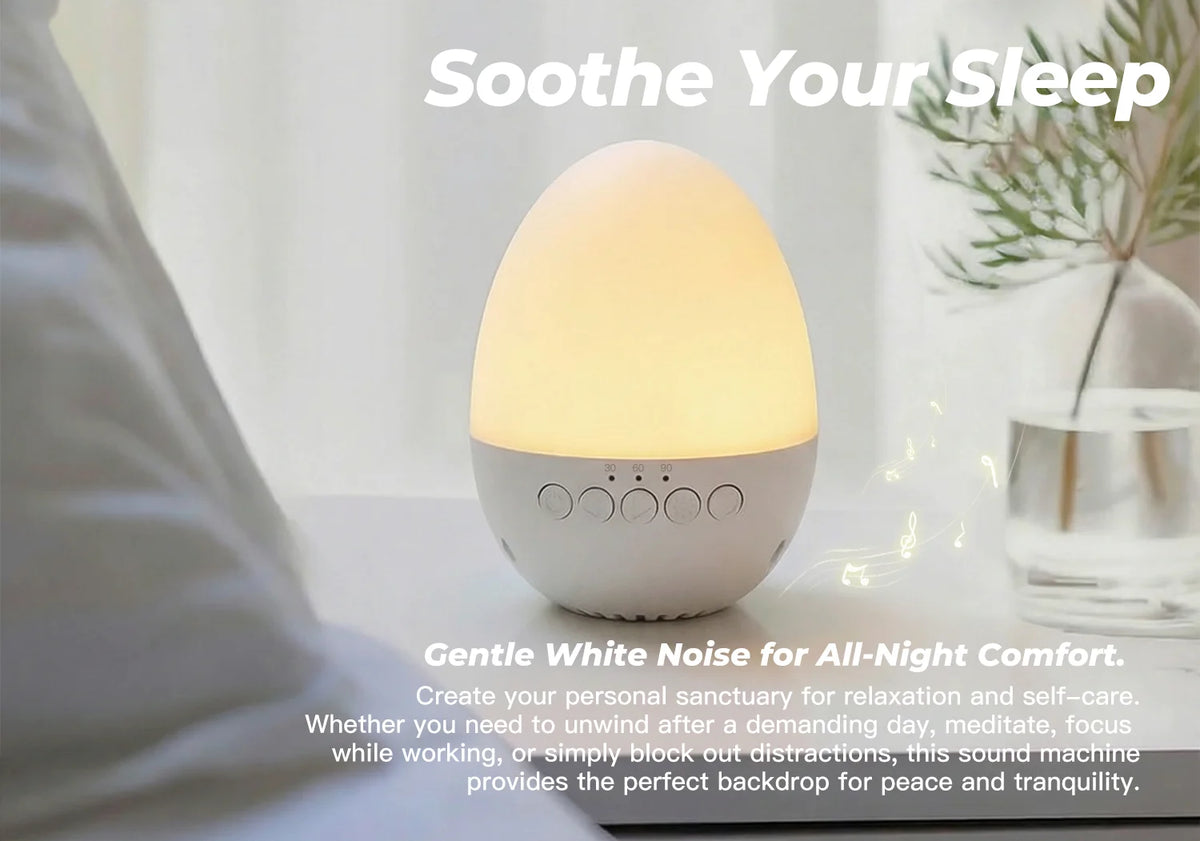 Egg-Shaped White Noise Machine with 30 Sounds, Dimmable Warm Night Light, 30/60/90-Minute Timer and USB-C Rechargeable 700mAh Battery