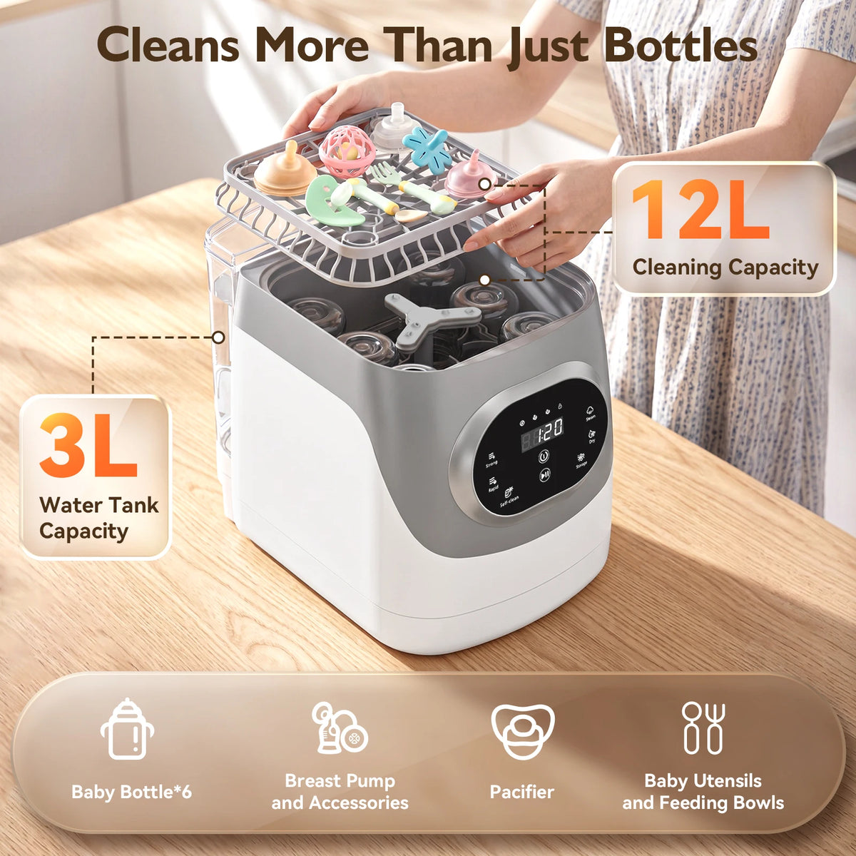 Baby Bottle Washer 4-in-1 with Steam Cleaning, Hot Air Drying and Storage Modes, LED Touch Panel for Compatible Bottles and Breast Pump Parts