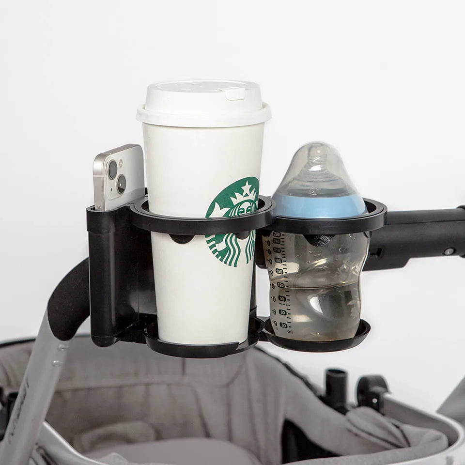 Convertible Double Stroller Cup Holder with Independent Phone Slot, Black Baby Bottle and Drink Organizer for Compatible Handles and Family Outings