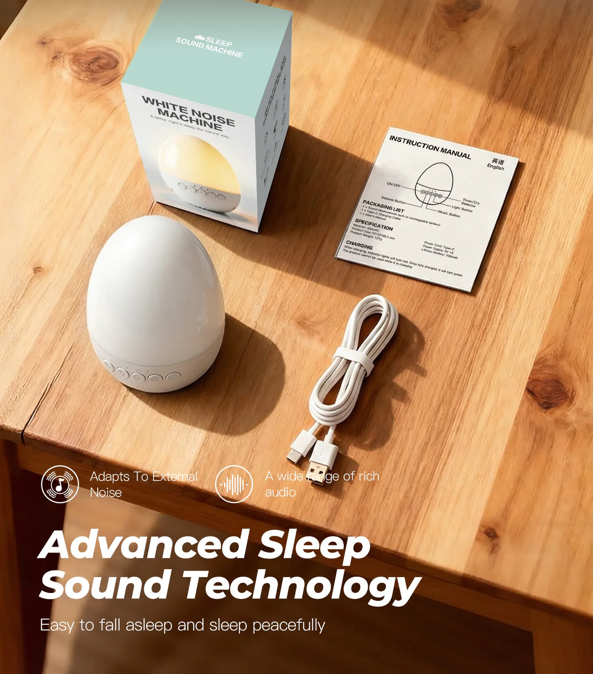 Egg-Shaped White Noise Machine with 30 Sounds, Dimmable Warm Night Light, 30/60/90-Minute Timer and USB-C Rechargeable 700mAh Battery